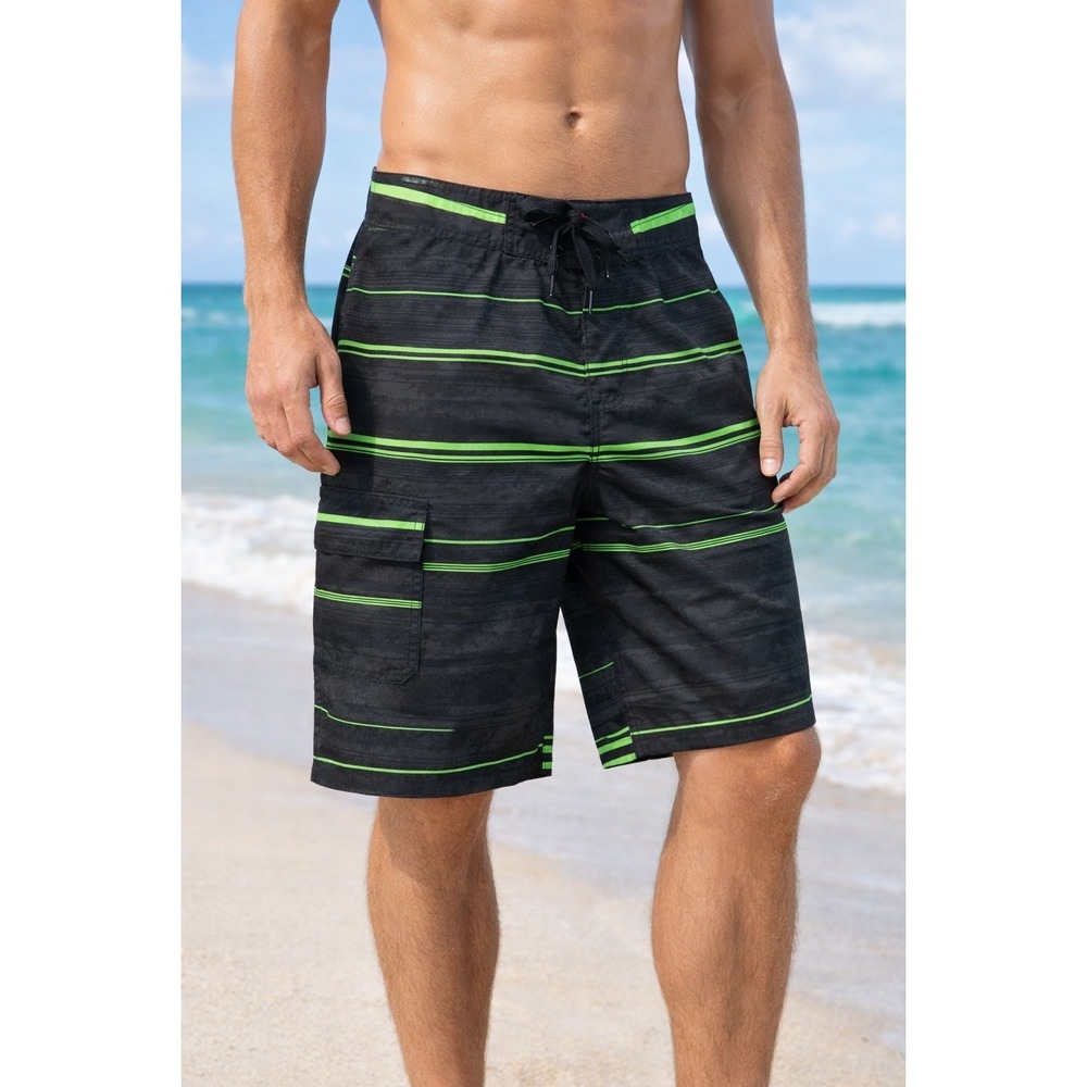 Foot Locker Board Shorts Men's 34 Black Green Striped Swim Trunks Surf Beach Lac